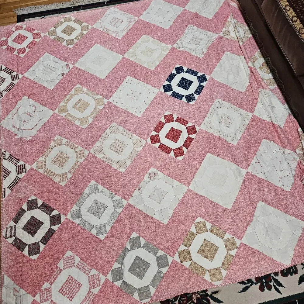 Vtg Hand pieced patchwork quilt 80X80 Chimney sweep design damage stains READ